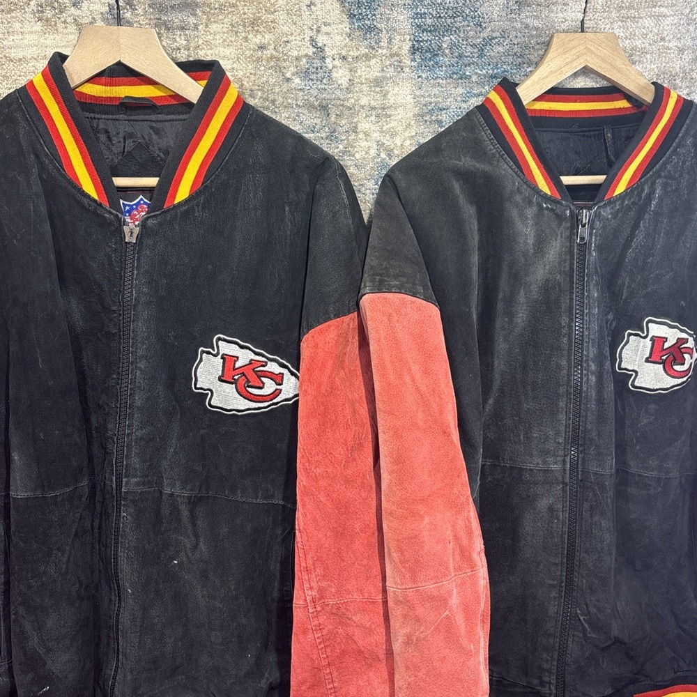 Vintage 90s Kansas City Chiefs Leather Varsity Jackets Pair L M Distressed NFL